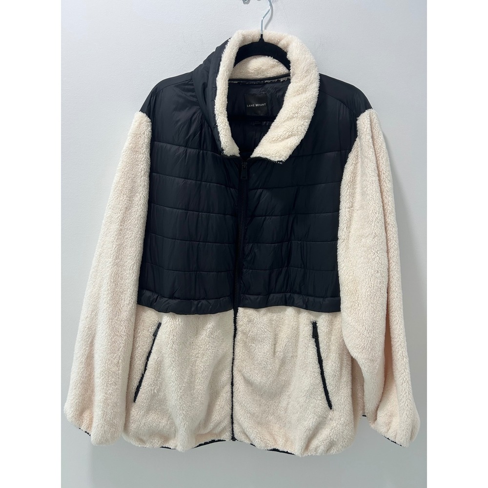 Lane Bryant Womens Plus 26/28 Black Cream Quilted Faux Fur Mixed Media Jacket
